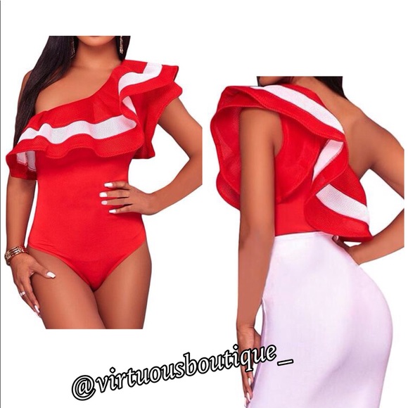 Red Mesh Ruffle Bodysuit - Picture 3 of 3